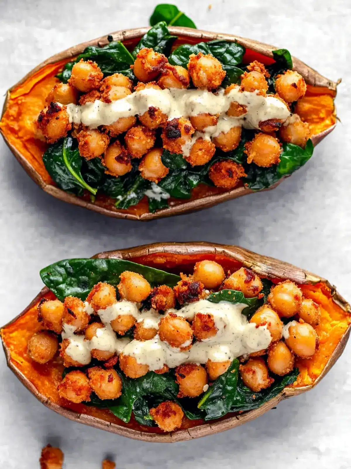 Stuffed Sweet Potato with Crispy Chickpeas and Spinach Delight 2 Stuffed Sweet Potato with Crispy Chickpeas, Spinach and Tahini