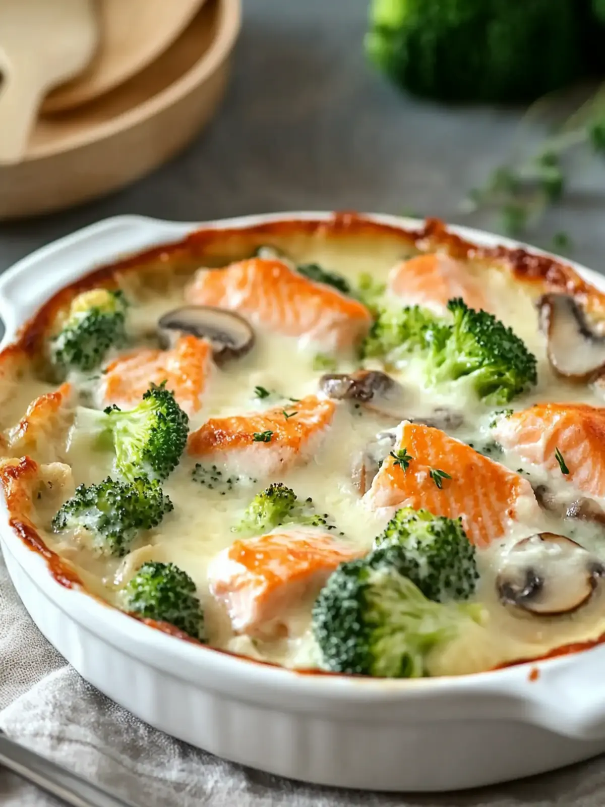 Delicious Salmon Gratin with Creamy Mushroom, Broccoli, Mozzarella 4 Salmon Gratin with Creamy Mushroom, Broccoli, and Mozzarella Cheese