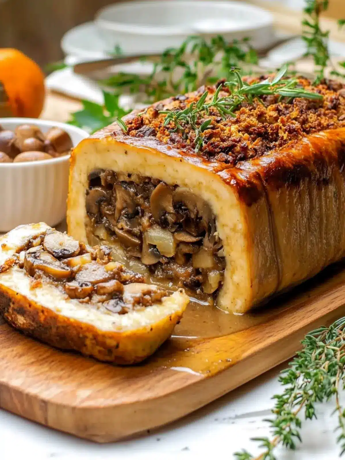 Mouthwatering Tofurky with Mushroom Stuffing and Gravy Bliss 4 Tofurky with mushroom stuffing and gravy (Vegan)
