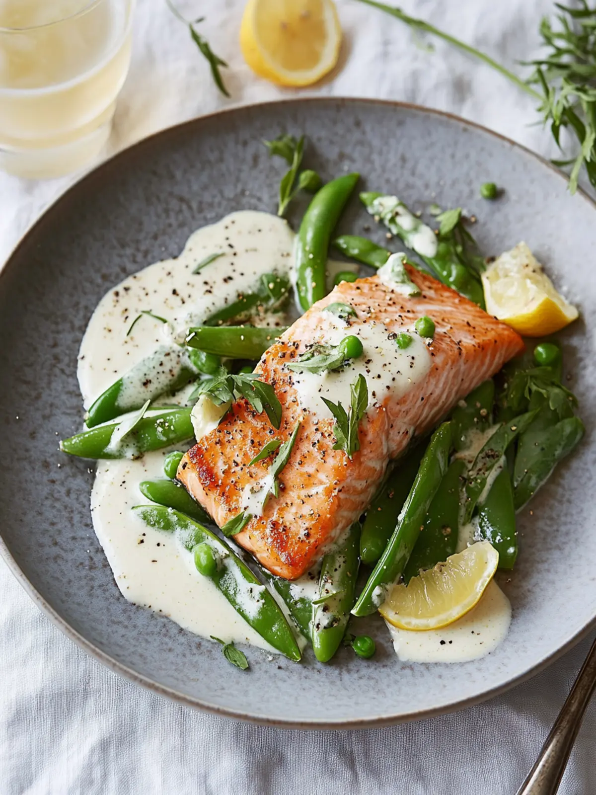 Savory Salmon Fillet with Snap Peas and Lemony Crème Fraîche 2 Salmon Fillet with Snap Peas and Lemony Crème Fraîche Dressing