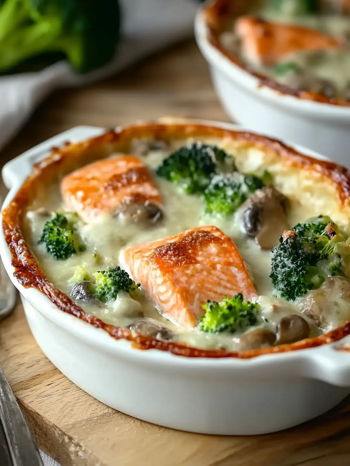 Delicious Salmon Gratin with Creamy Mushroom, Broccoli, Mozzarella 3 Salmon Gratin with Creamy Mushroom, Broccoli, and Mozzarella Cheese