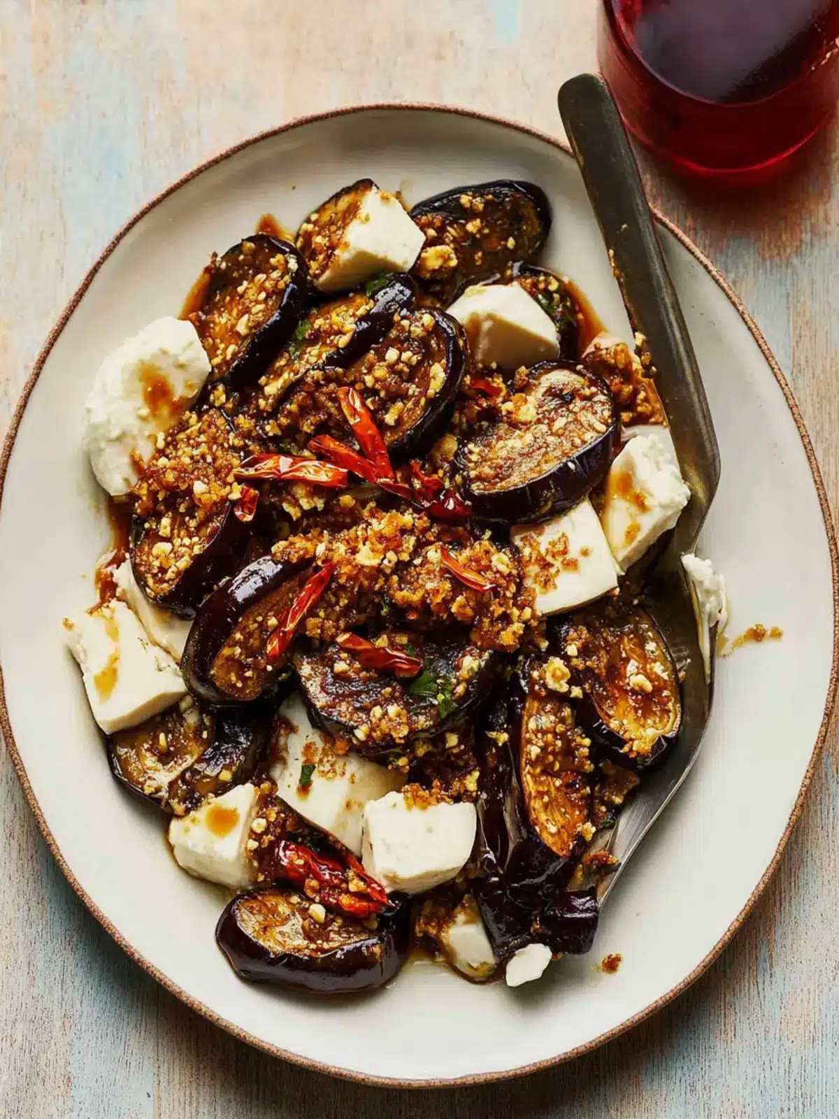 Aubergine and Silken Tofu with Tahini: A Spicy Delight 3 Aubergine and silken tofu with tahini, crispy chilli and spring onions